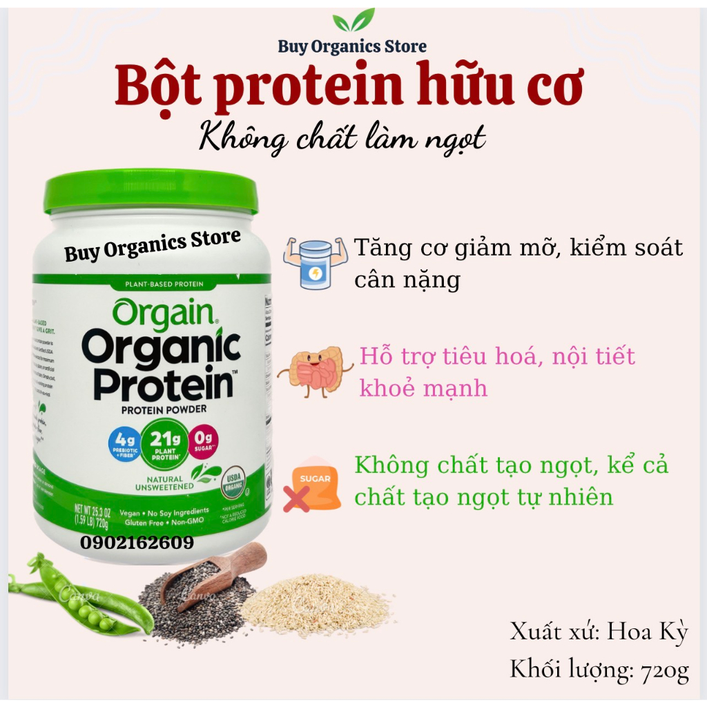 Bột Đạm thực vật protein hữu cơ nguyên vị không đường không chất tạo ngọt Orgain Organic 720g - Buy Organics