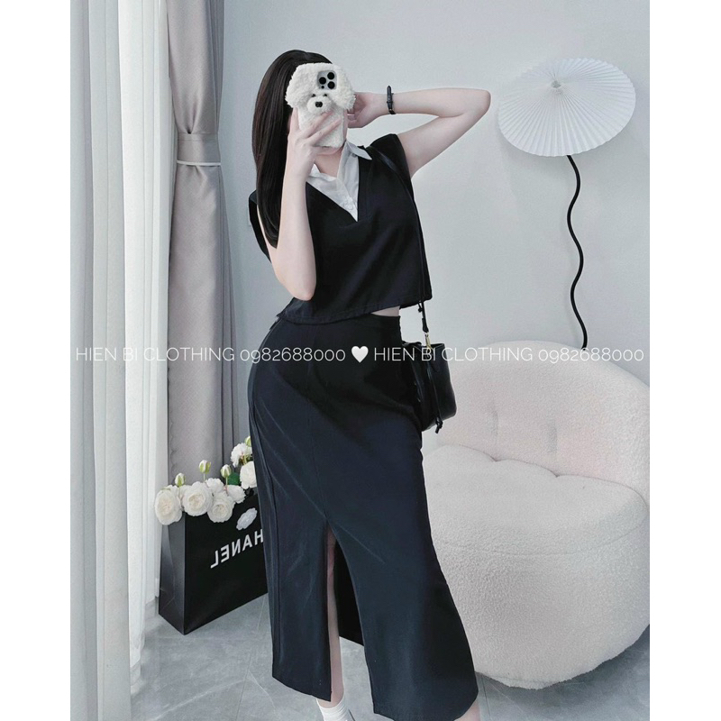 SET ÁO 3 lỗ cổ sơ mi kèm chân váy xẻ bên xinh