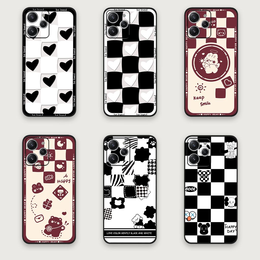 Ốp lưng Xiaomi Redmi 12 trái tim, hoạ tiết kẻ caro đen trắng thời trang