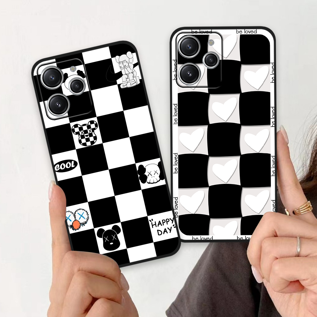 Ốp lưng Xiaomi Redmi 12 trái tim, hoạ tiết kẻ caro đen trắng thời trang