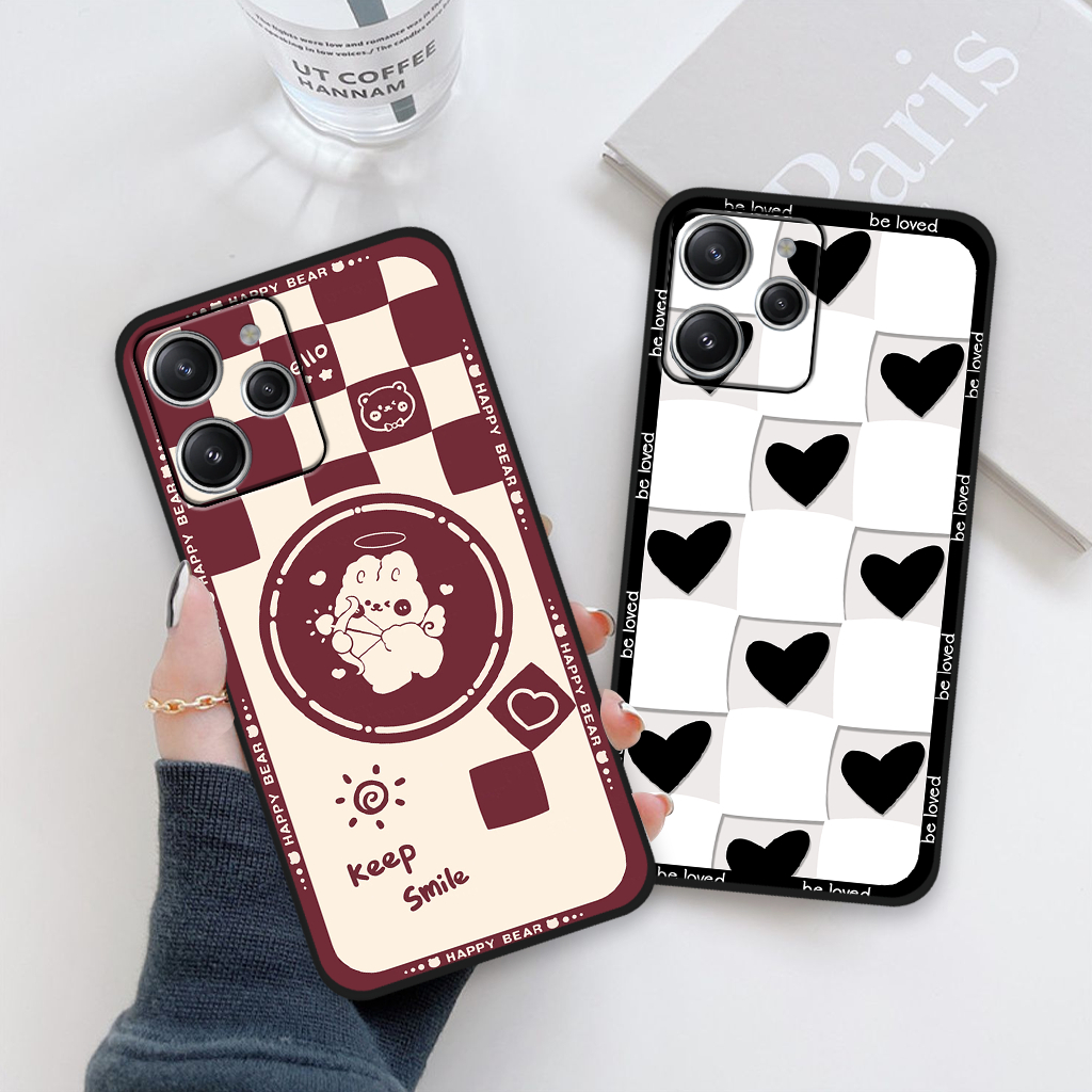 Ốp lưng Xiaomi Redmi 12 trái tim, hoạ tiết kẻ caro đen trắng thời trang