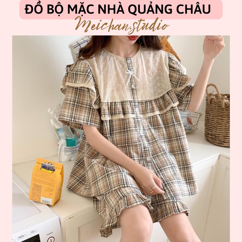 Đồ Ngủ Style Hàn Quốc - Set Đôi Mặc Nhà Sọc Caro Phối Bèo Ulzzang