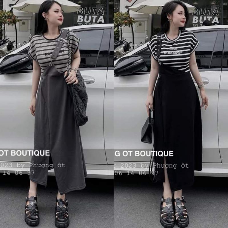 SET YẾM VẠT CHÉO KHUY KÈM ÁO THUN KẺ