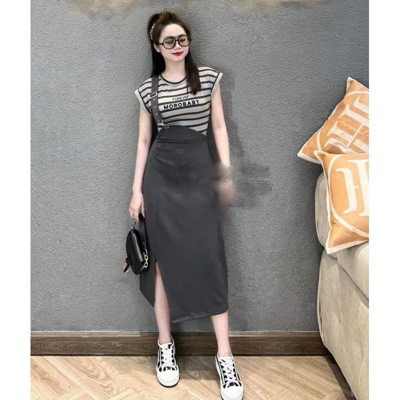 SET YẾM VẠT CHÉO KHUY KÈM ÁO THUN KẺ