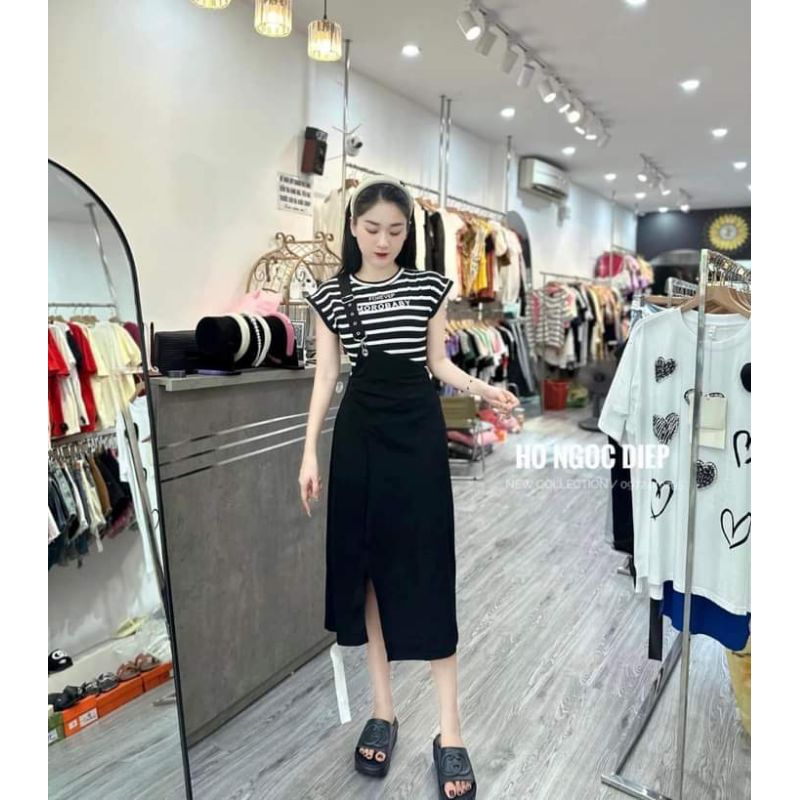 SET YẾM VẠT CHÉO KHUY KÈM ÁO THUN KẺ