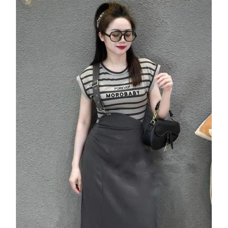 SET YẾM VẠT CHÉO KHUY KÈM ÁO THUN KẺ