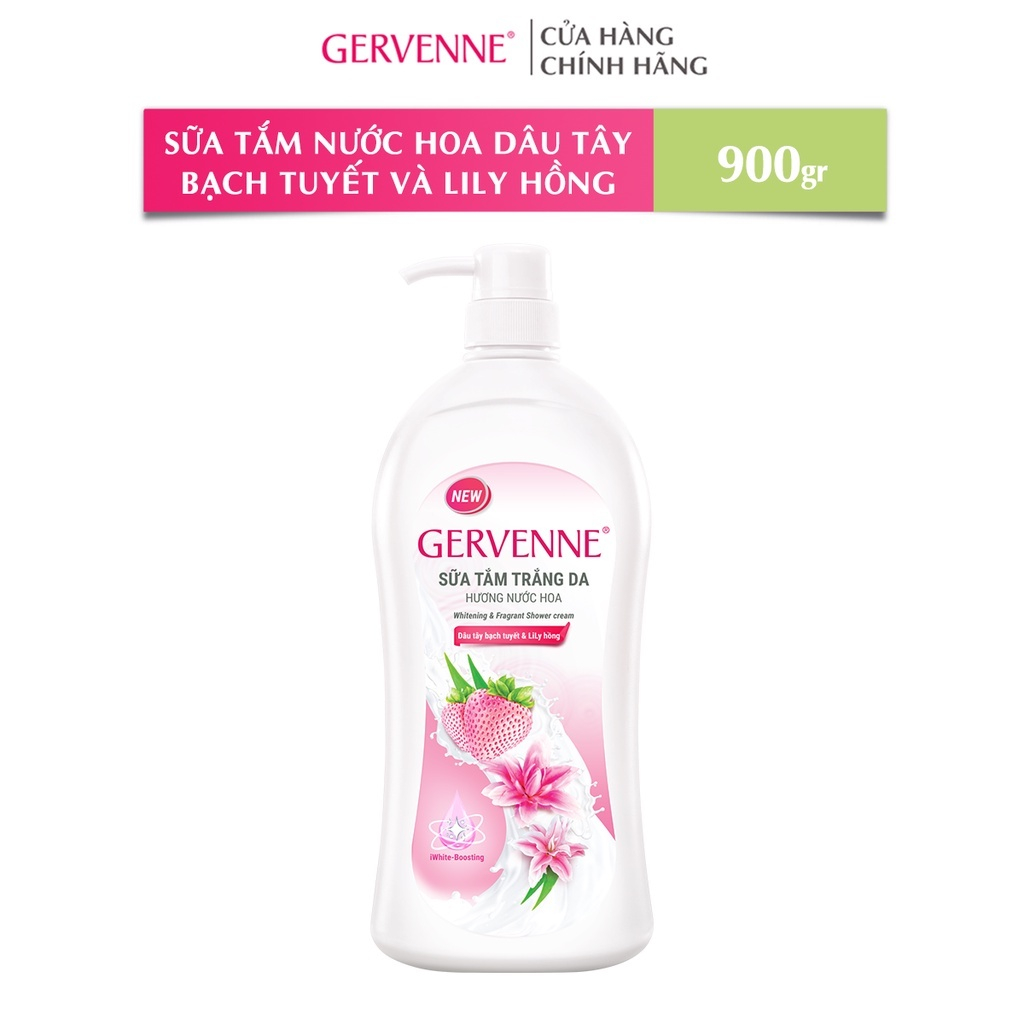 Sữa tắm trắng da hương nước hoa Gervenne Dâu Tây Bạch Tuyết và Lily Hồng (900g/chai)