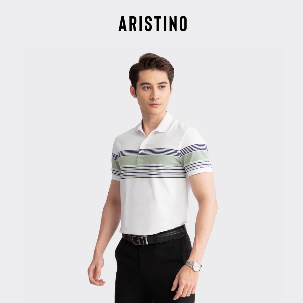 Áo polo ngắn tay ARISTINO phom slim fit suông nhẹ, họa tiết dệt kẻ ngang tinh tế, lịch lãm - APS032S3