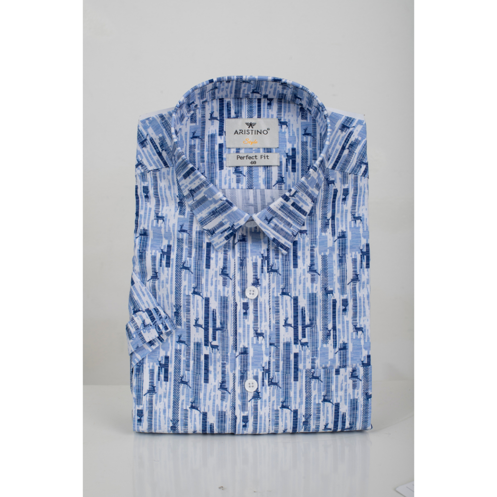 Áo sơ mi nam ngắn tay ARISTINO phom perfect fit, họa tiết xanh nam tính lịch lãm - ASS093S1