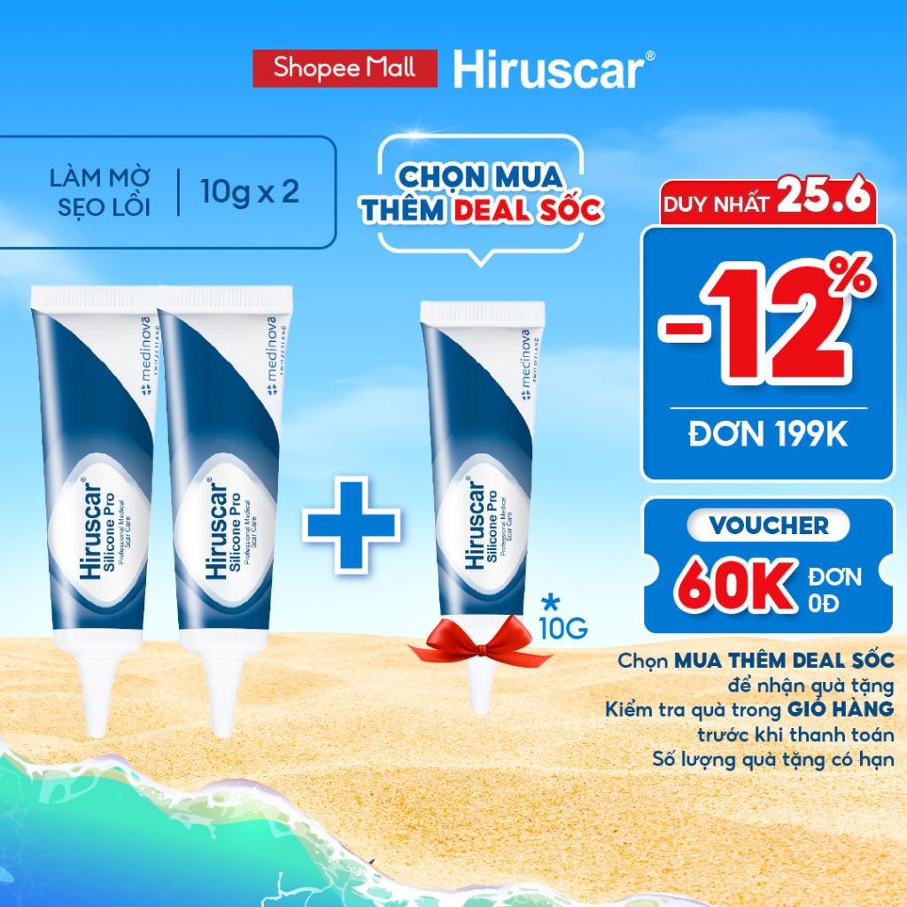 Bộ 2 gel xử lý sẹo mổ, to, lồi &amp; phì đại Hiruscar Silicone Pro 10g