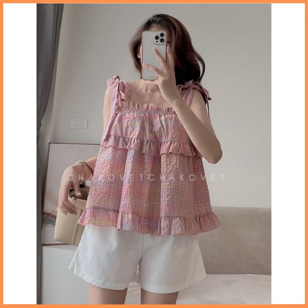 Set áo babydoll kẻ hồng dáng ngắn phối dây bản to tự điều chỉnh kèm quần sooc ullzang baby dễ thương S8673 - CHAKOVET