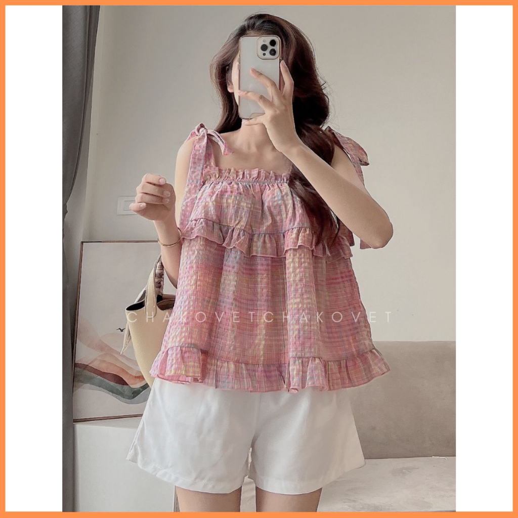 Set áo babydoll kẻ hồng dáng ngắn phối dây bản to tự điều chỉnh kèm quần sooc ullzang baby dễ thương S8673 - CHAKOVET