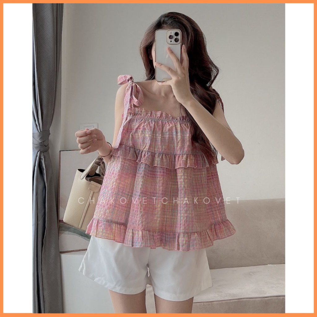 Set áo babydoll kẻ hồng dáng ngắn phối dây bản to tự điều chỉnh kèm quần sooc ullzang baby dễ thương S8673 - CHAKOVET