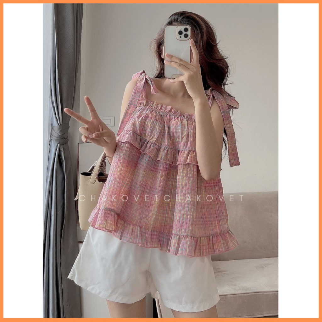 Set áo babydoll kẻ hồng dáng ngắn phối dây bản to tự điều chỉnh kèm quần sooc ullzang baby dễ thương S8673 - CHAKOVET