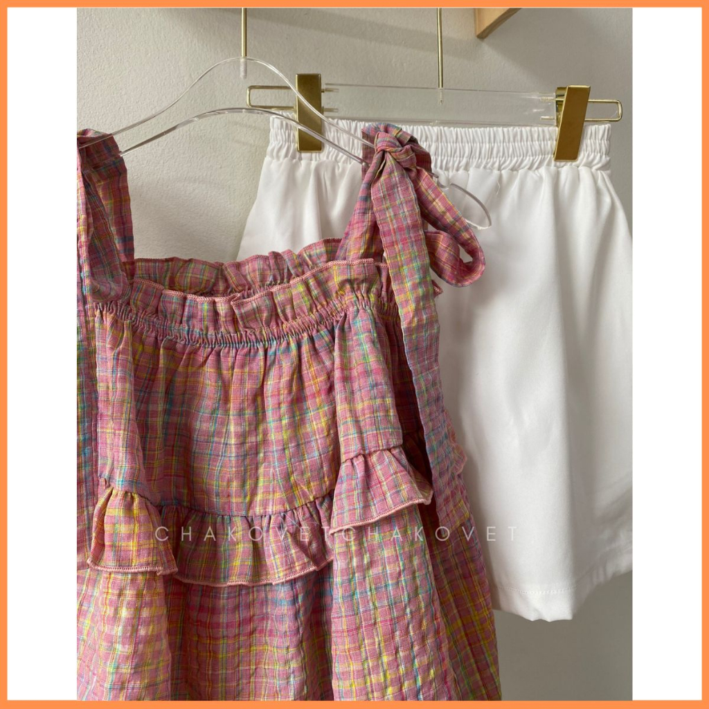 Set áo babydoll kẻ hồng dáng ngắn phối dây bản to tự điều chỉnh kèm quần sooc ullzang baby dễ thương S8673 - CHAKOVET