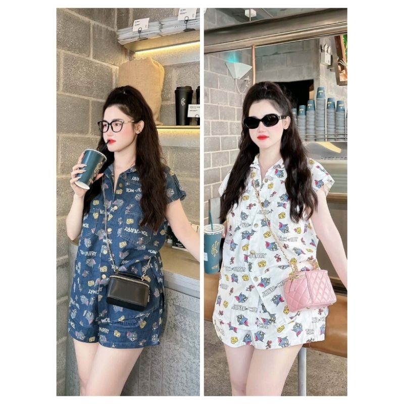 Set jean họa tiết mèo chuột quần short áo sơ mi tay ngắn 2206