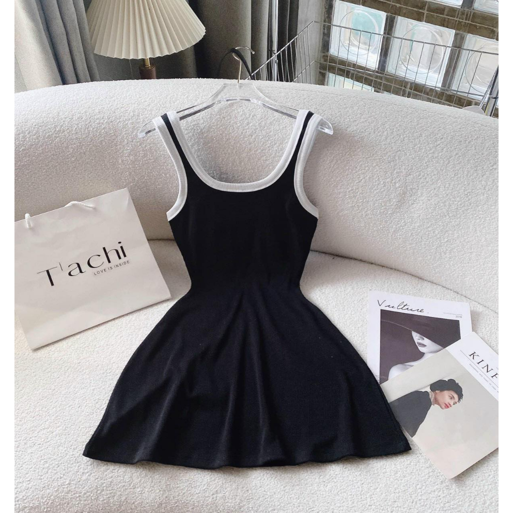 Đầm Xòe Hai Dây Viền Trắng Siêu Hách Dáng CC00302