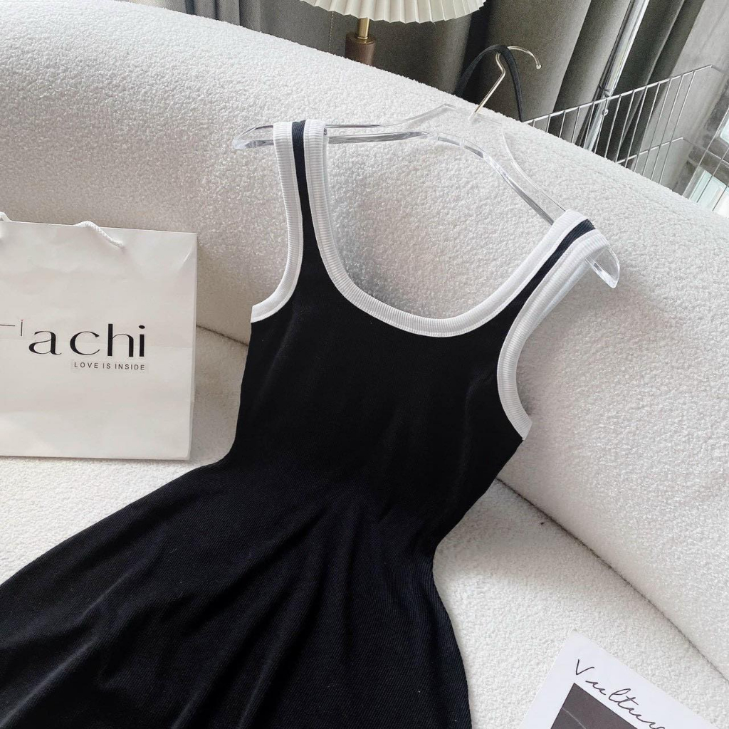 Đầm Xòe Hai Dây Viền Trắng Siêu Hách Dáng CC00302