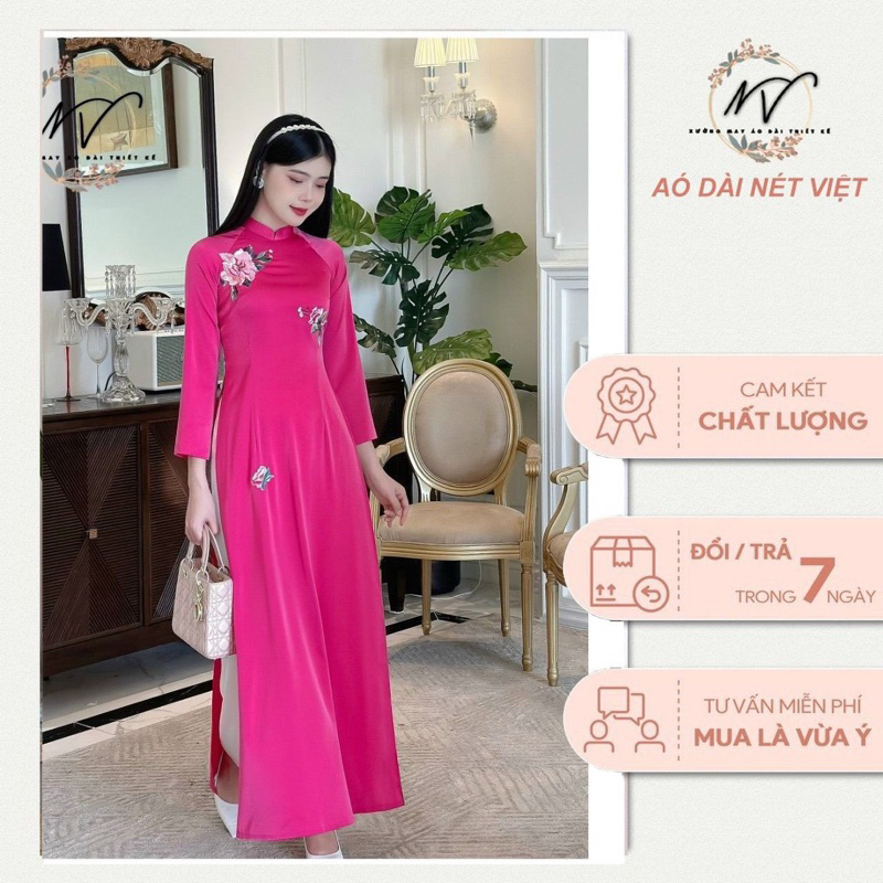 Áo dài truyền thống hồng sen thêu hoa mẫu đơn mặc đi dạy siêu xinh chất vải lụa đẹp mềm mát co giãn ảnh thật,Ad Nét Việt