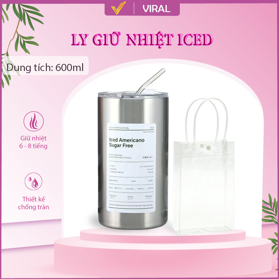 Ly Giữ Nhiệt Iced Americano Dung Tích 600ML Ly Uống Nước, Cốc Giữ Nhiệt Inox Có Nắp Kèm Ống Hút, Giữ Đá Lâu 6-8 Tiếng