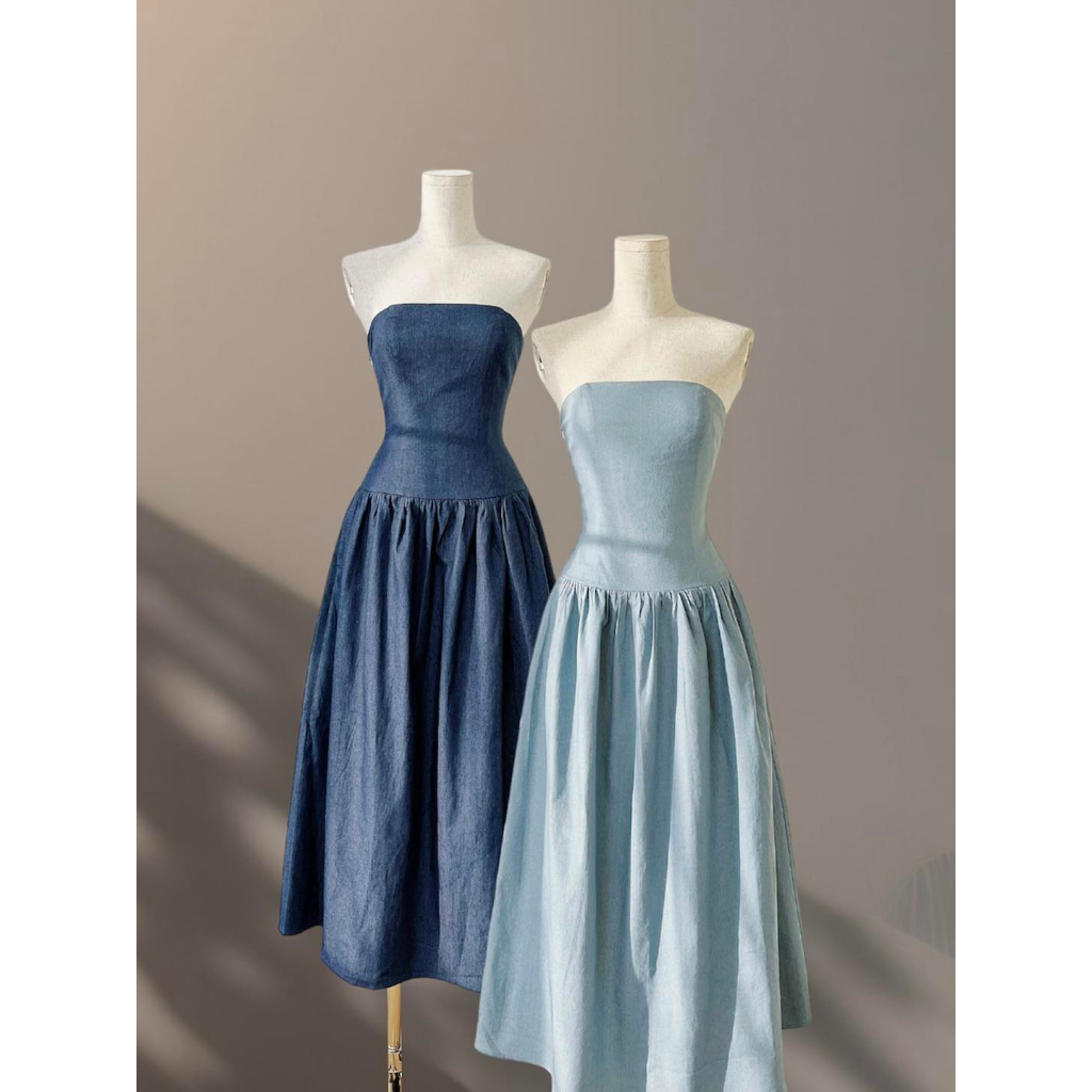 Đầm Maxi Cúp Ngực Chít Eo Tôn Dáng Nhún Thun Sau Chất Denim Đi Tiệc Sang Trọng