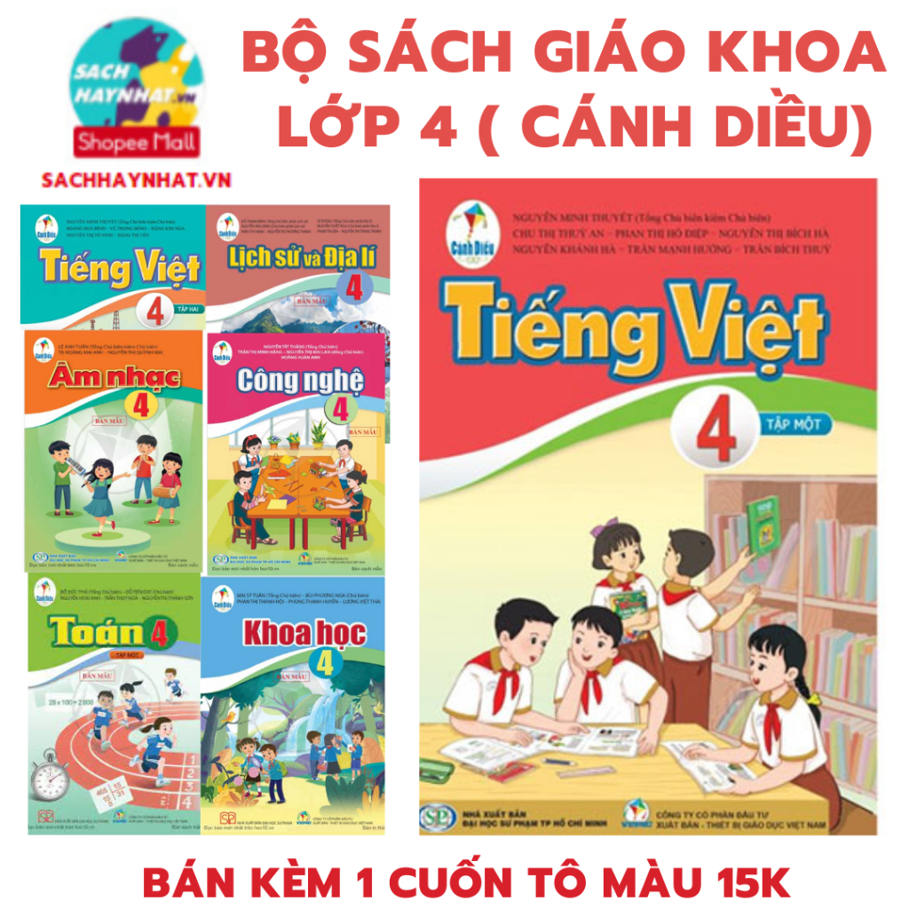 Sách-Cánh diều lớp 4 : Tiếng việt 4 tập 1,Tiếng việt 4 tập 2,toán 4 tập 1,toán 4 tập 2+ Bán kèm 1 cuốn tô màu 15k