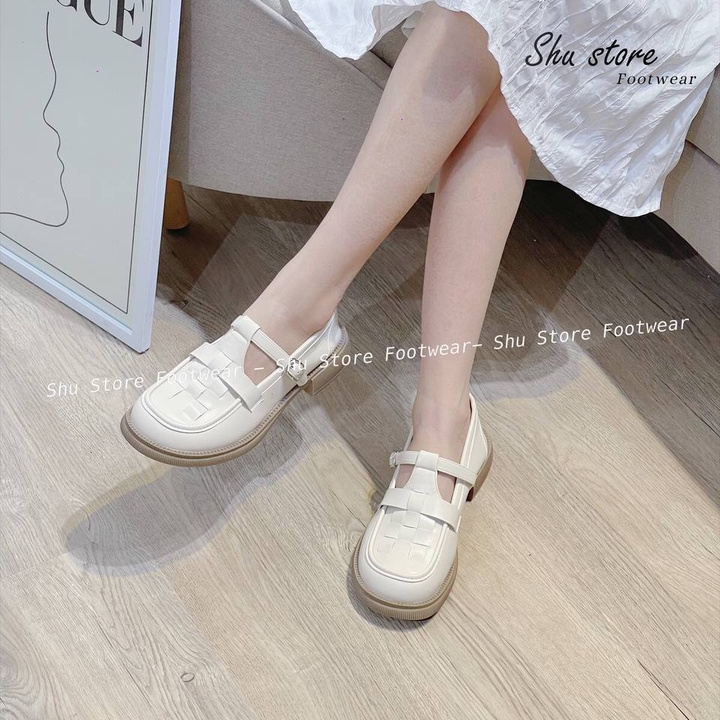 Shu Store | Giày búp bê bít mũi quai đan ô khóa gài cao 3cm thời trang mới cho nữ