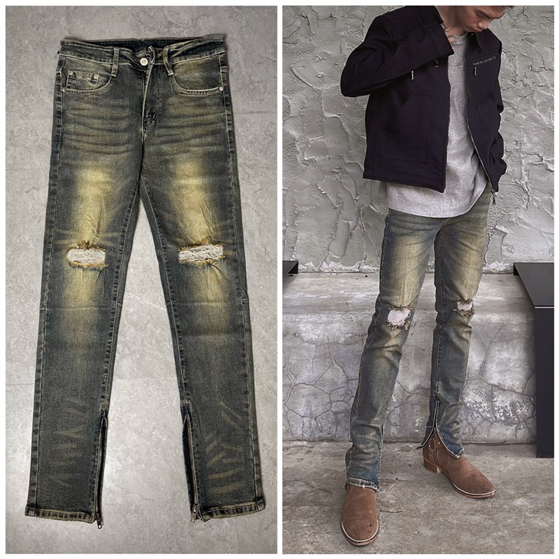 Quần jeans skinny cao cấp Zipper Xanh bụi rách gối VER 2 TALURETRO