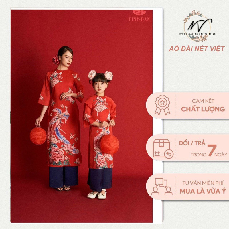 Áo dài mẹ bé gái tơ công phượng đỏ siêu xinh nổi bật chất liệu tơ ánh kim mềm đẹp lót lụa set đủ áo quần kèm ảnh thật