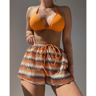 Bikini tam giác cam kèm quần họa tiết thổ cẩm