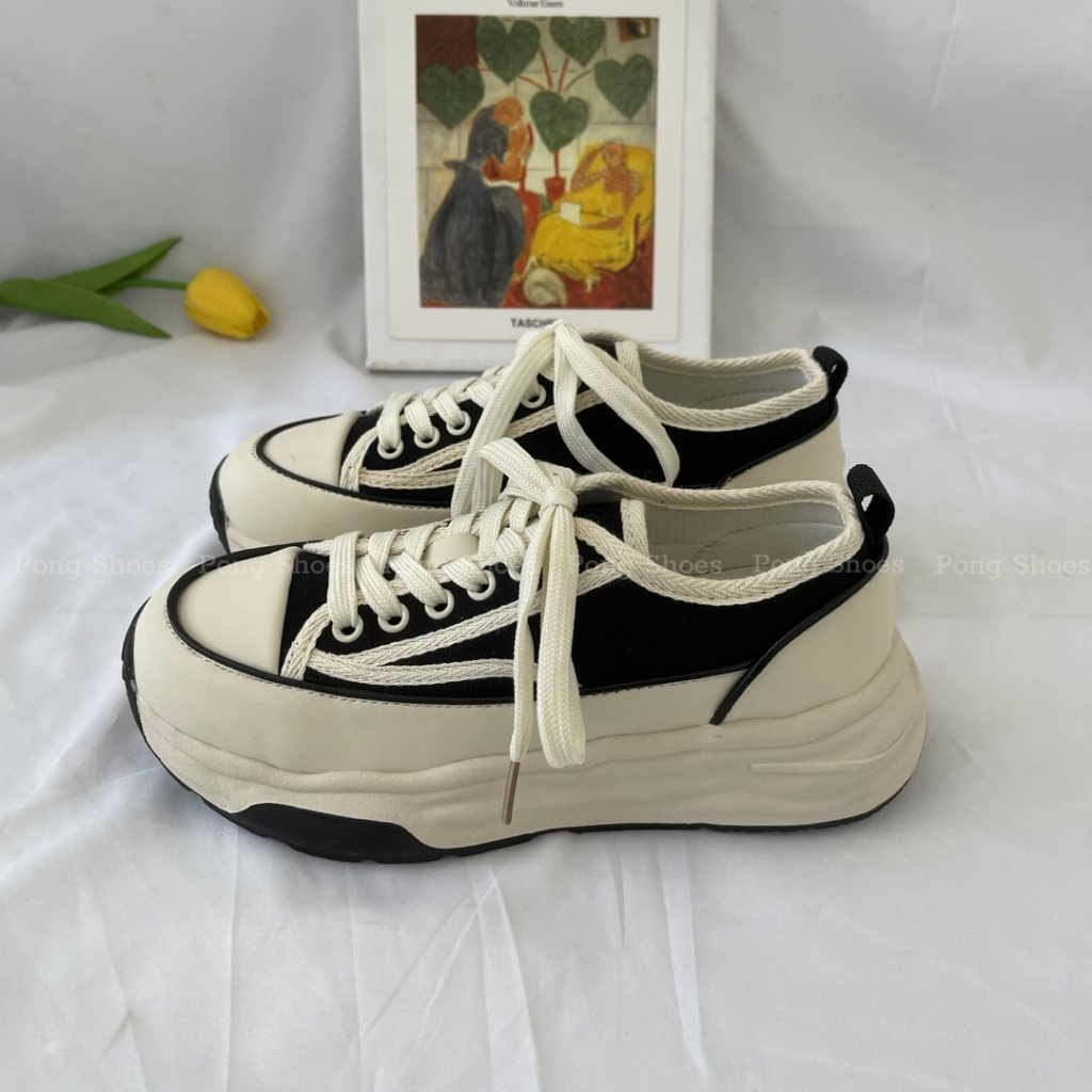 Giày Sneaker Pong Shoes phong cách Ulzzangs màu đen, be FULL HỘP Mã 1434