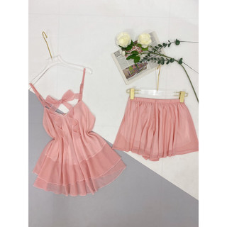 Bộ đùi lụa chifon 2tầng cột nơ tiểu thư