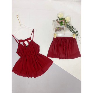 Bộ đùi lụa chifon 2tầng cột nơ tiểu thư