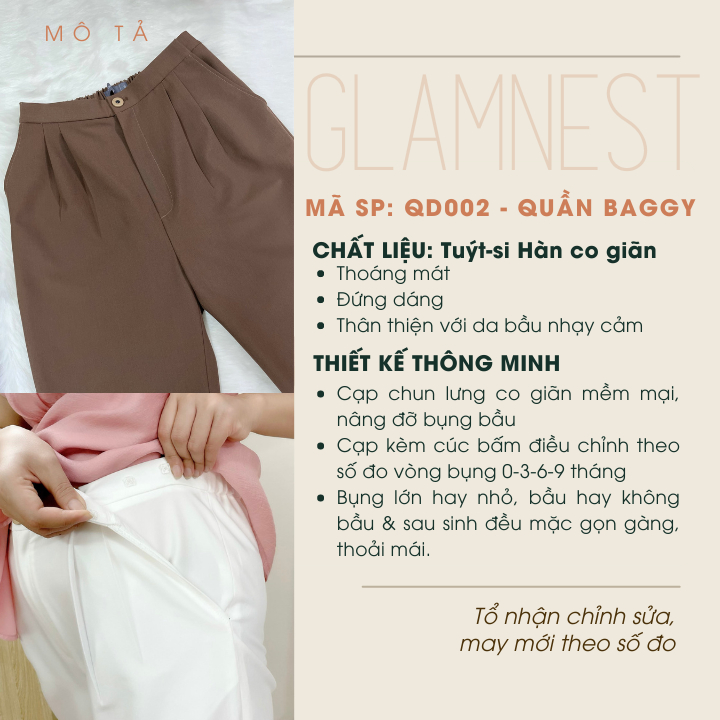 Quần Baggy Bầu Công Sở Vải Co Giãn Cạp Điều Chỉnh Thông Minh Glam Nest QD002