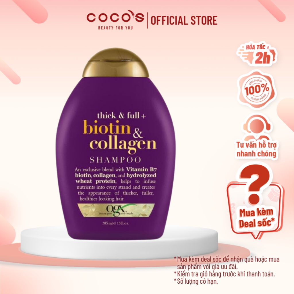 Dầu Gội Đầu Làm Dày Tóc, Dưỡng Tóc Bồng Bềnh Chắc Khoẻ OGX Thick & Full + Biotin & Collagen Shampoo 385ml