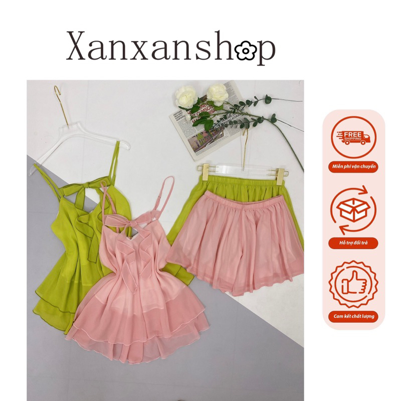 Bộ đùi lụa chifon 2tầng cột nơ tiểu thư