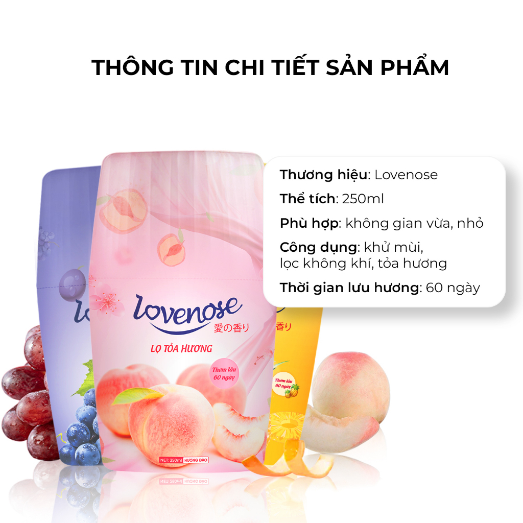 Lọ tỏa hương thơm Lovenose dung tích 250ml thơm lâu 60 ngày hương thơm dứa nho đào