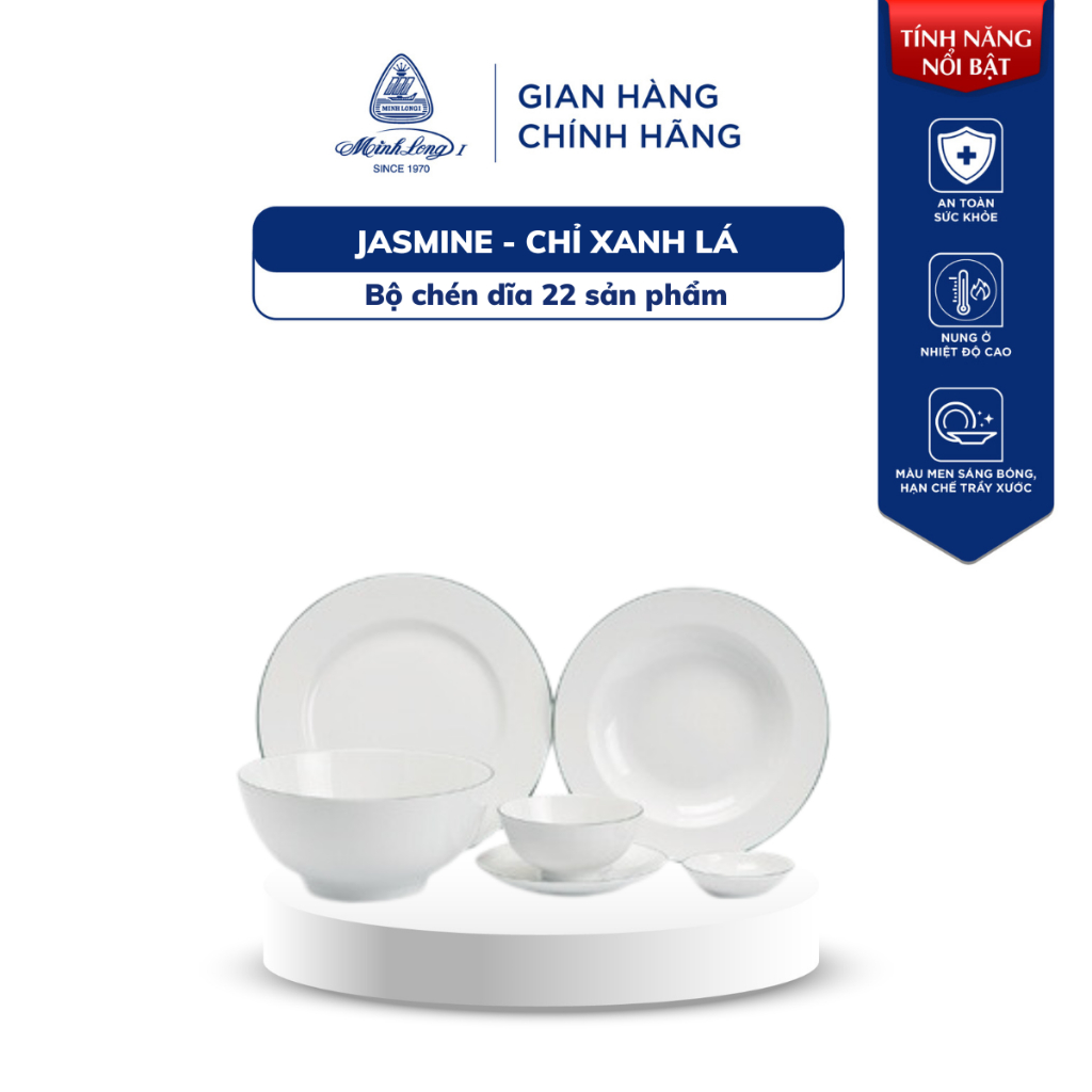 [Quà tặng đơn hàng 800k] Bộ Chén Dĩa Minh Long 22 Sản Phẩm - Jasmine - Chỉ Xanh Lá