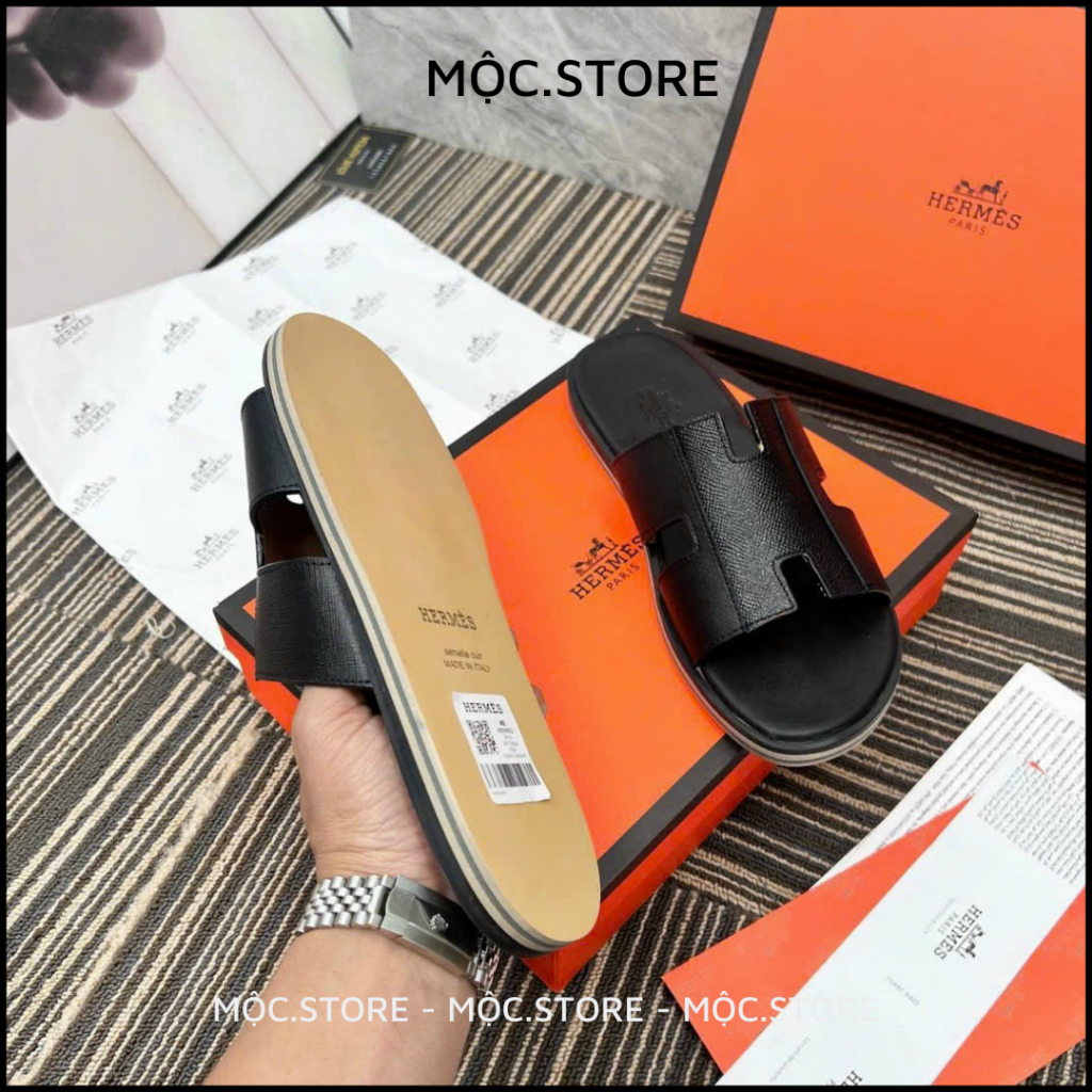 Dép Da Hermes 2 Màu Đen Vàng Đế Gỗ Nam Nữ cao cấp Full Bill Box, QR check, có BH