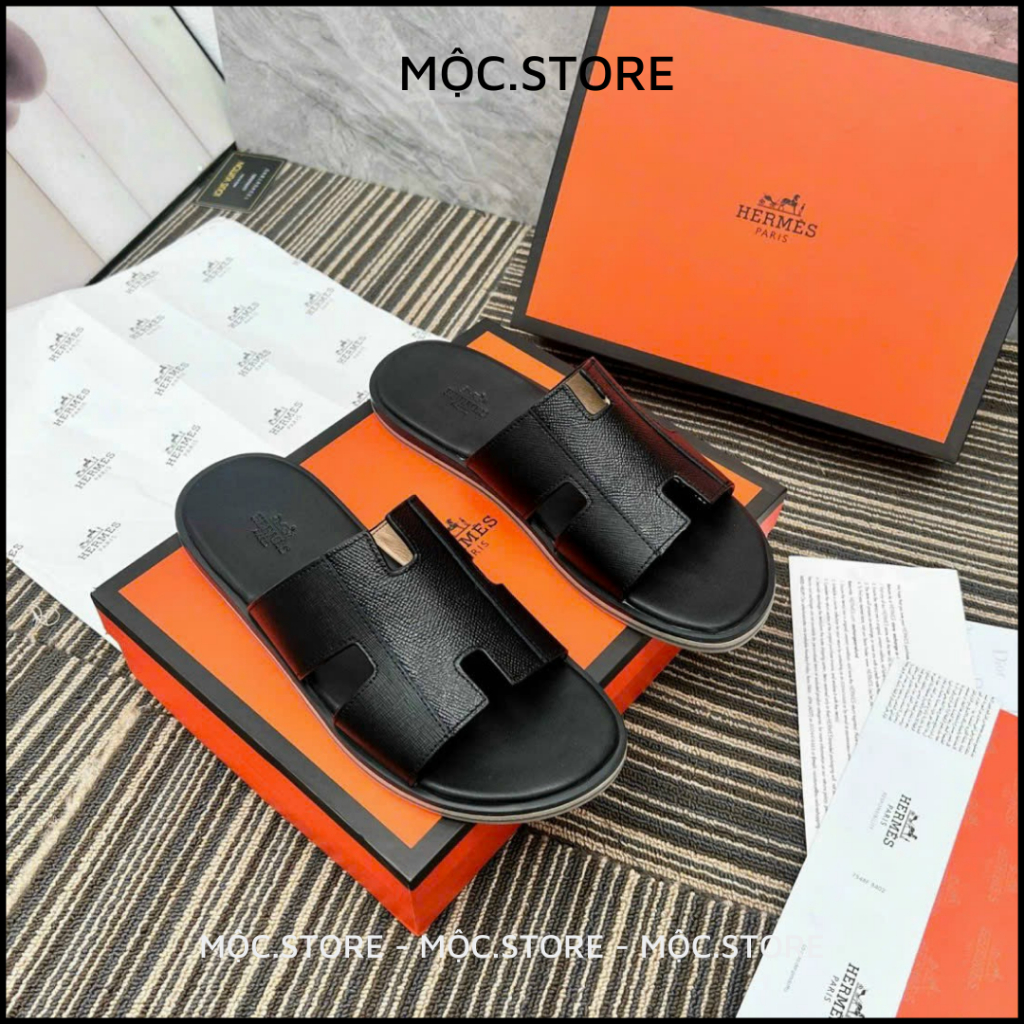 Dép Da Hermes 2 Màu Đen Vàng Đế Gỗ Nam Nữ cao cấp Full Bill Box, QR check, có BH