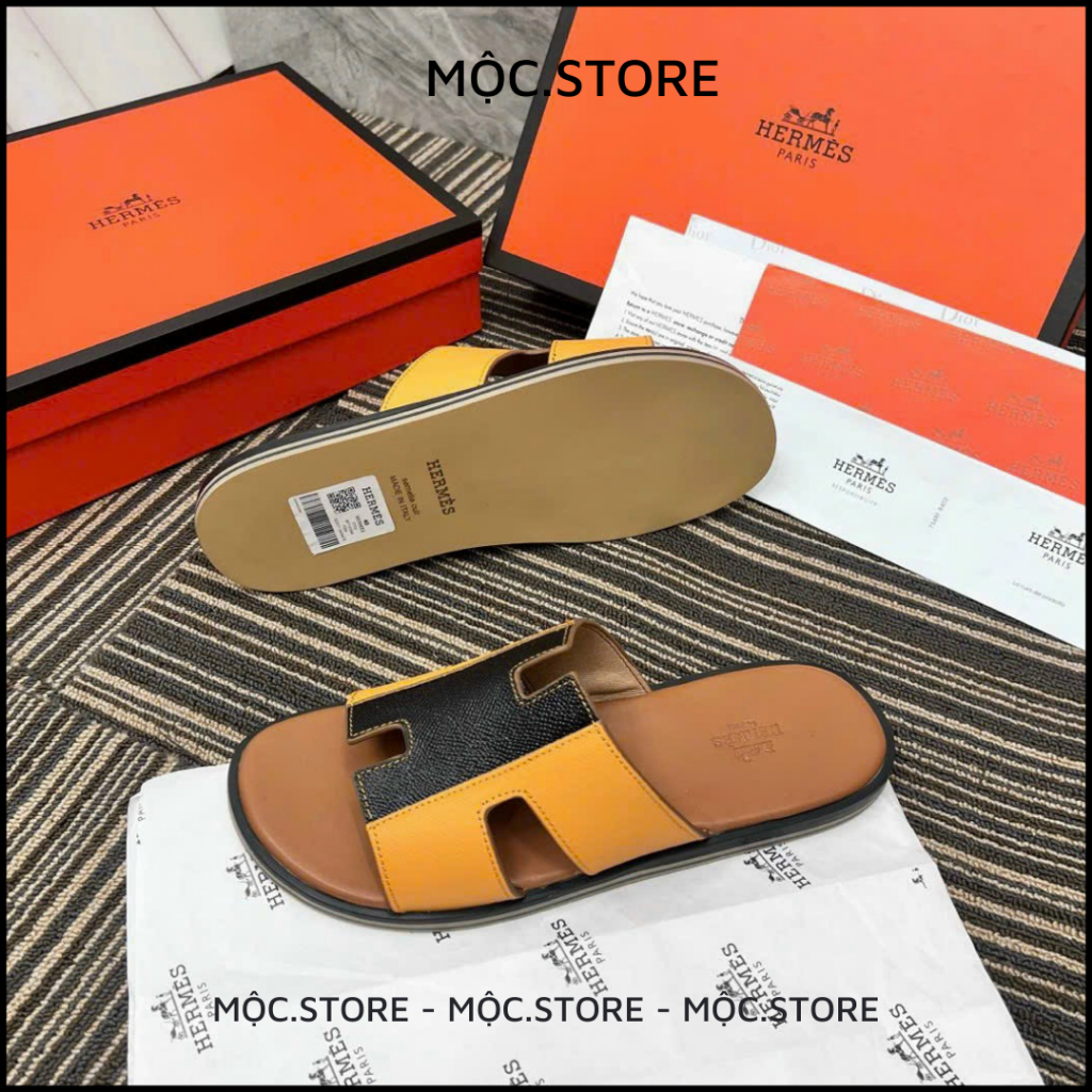 Dép Da Hermes 2 Màu Đen Vàng Đế Gỗ Nam Nữ cao cấp Full Bill Box, QR check, có BH