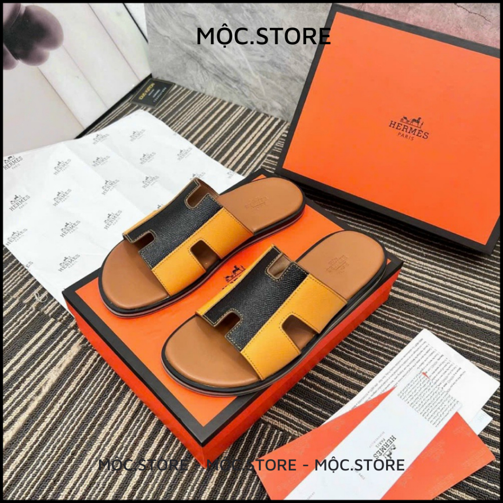 Dép Da Hermes 2 Màu Đen Vàng Đế Gỗ Nam Nữ cao cấp Full Bill Box, QR check, có BH