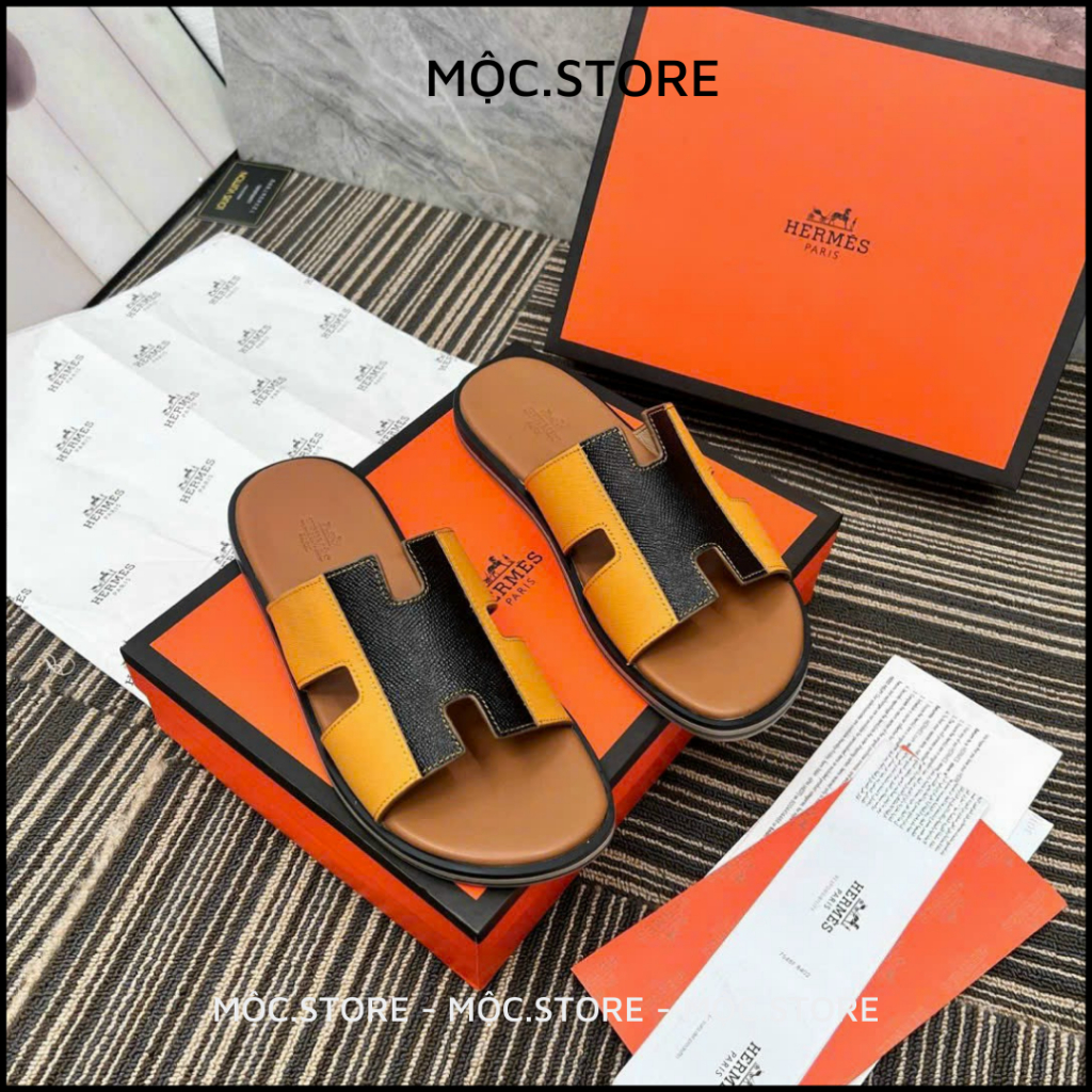 Dép Da Hermes 2 Màu Đen Vàng Đế Gỗ Nam Nữ cao cấp Full Bill Box, QR check, có BH