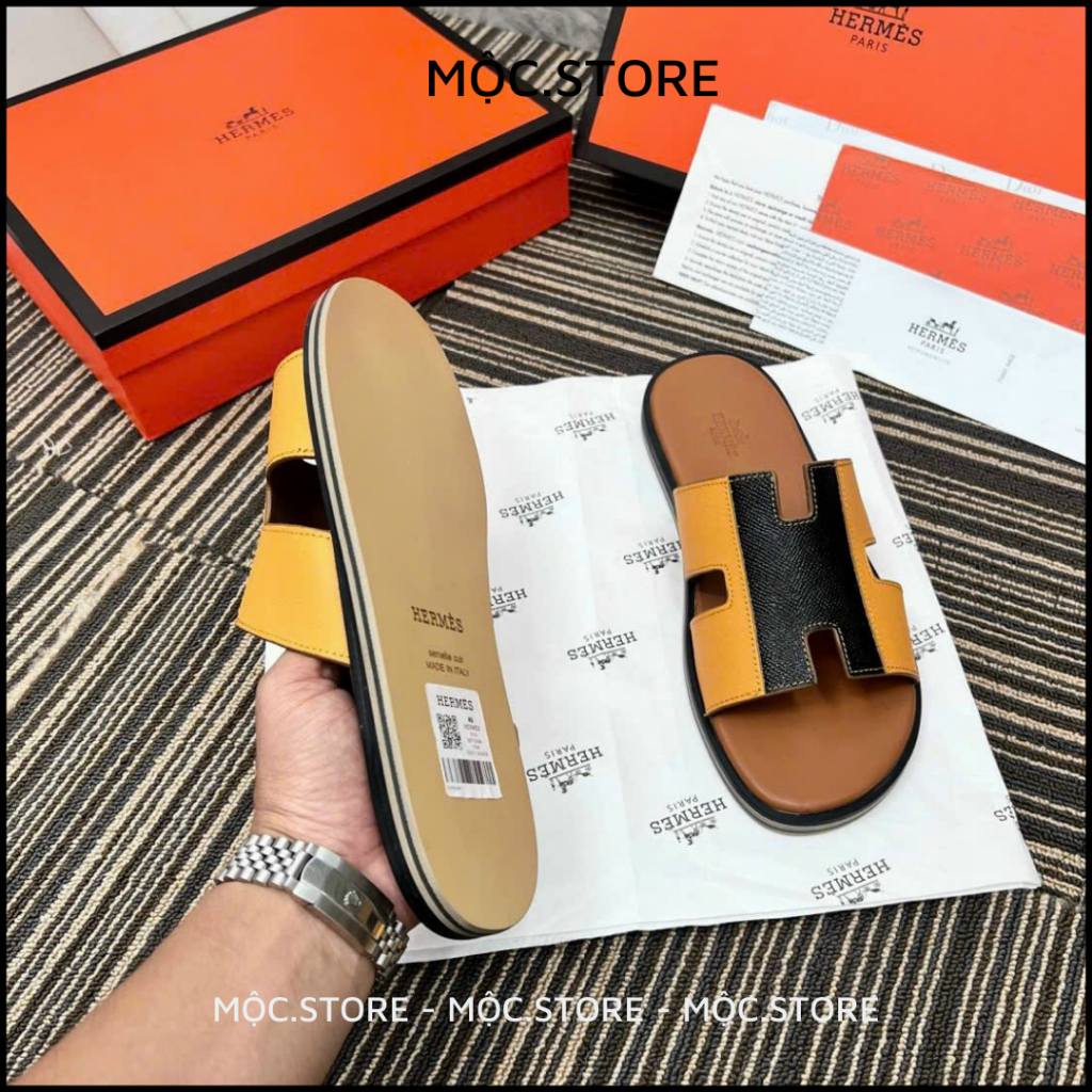 Dép Da Hermes 2 Màu Đen Vàng Đế Gỗ Nam Nữ cao cấp Full Bill Box, QR check, có BH
