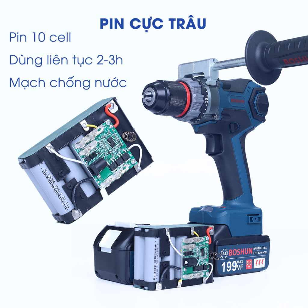Máy Khoan Pin Boshun 199V BS-ID19913BL Máy Bắn Vít Khoan Tường, Động Cơ Không Chối Than, Có Tay Cầm, Đầu Kẹp Auto