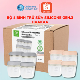 [Chính Hãng] Bộ 4 Bình Trữ Sữa Thức Ăn Dặm Gen.3 Haakaa 160/250ml. Chất Liệu Silicone Cao Cấp, An Toàn.