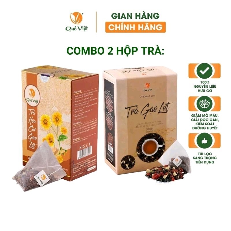 Combo trà gạo lứt Quê Việt và Trà hoa cúc gạo lứt Quê Việt thanh nhiệt, ngủ ngon, điều hoà huyết áp