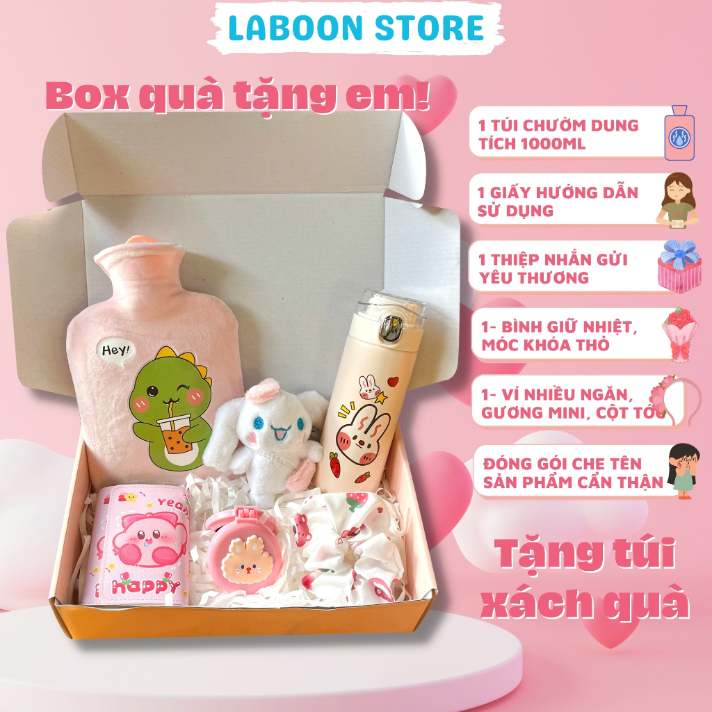 Bộ quà tặng bạn gái túi chườm bụng đa năng 1000ml LABOON kèm bình giữ nhiệt và phụ kiện siêu xinh