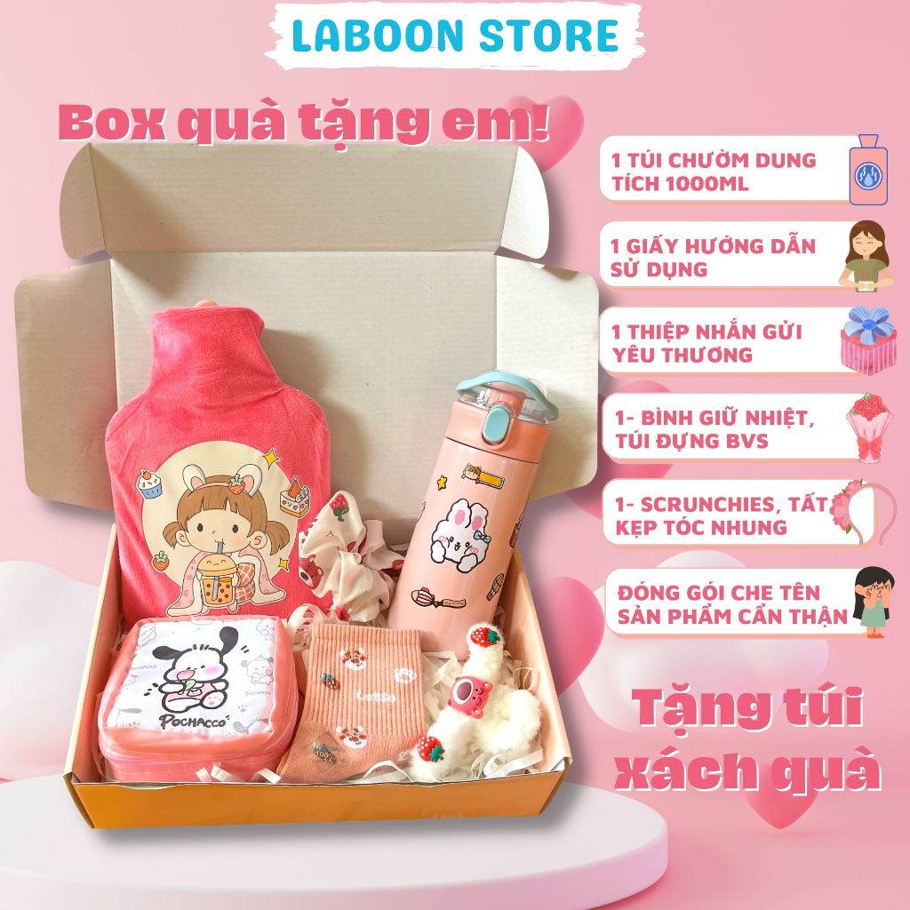 Bộ quà tặng bạn gái túi chườm bụng đa năng 1000ml LABOON kèm bình giữ nhiệt và phụ kiện siêu xinh