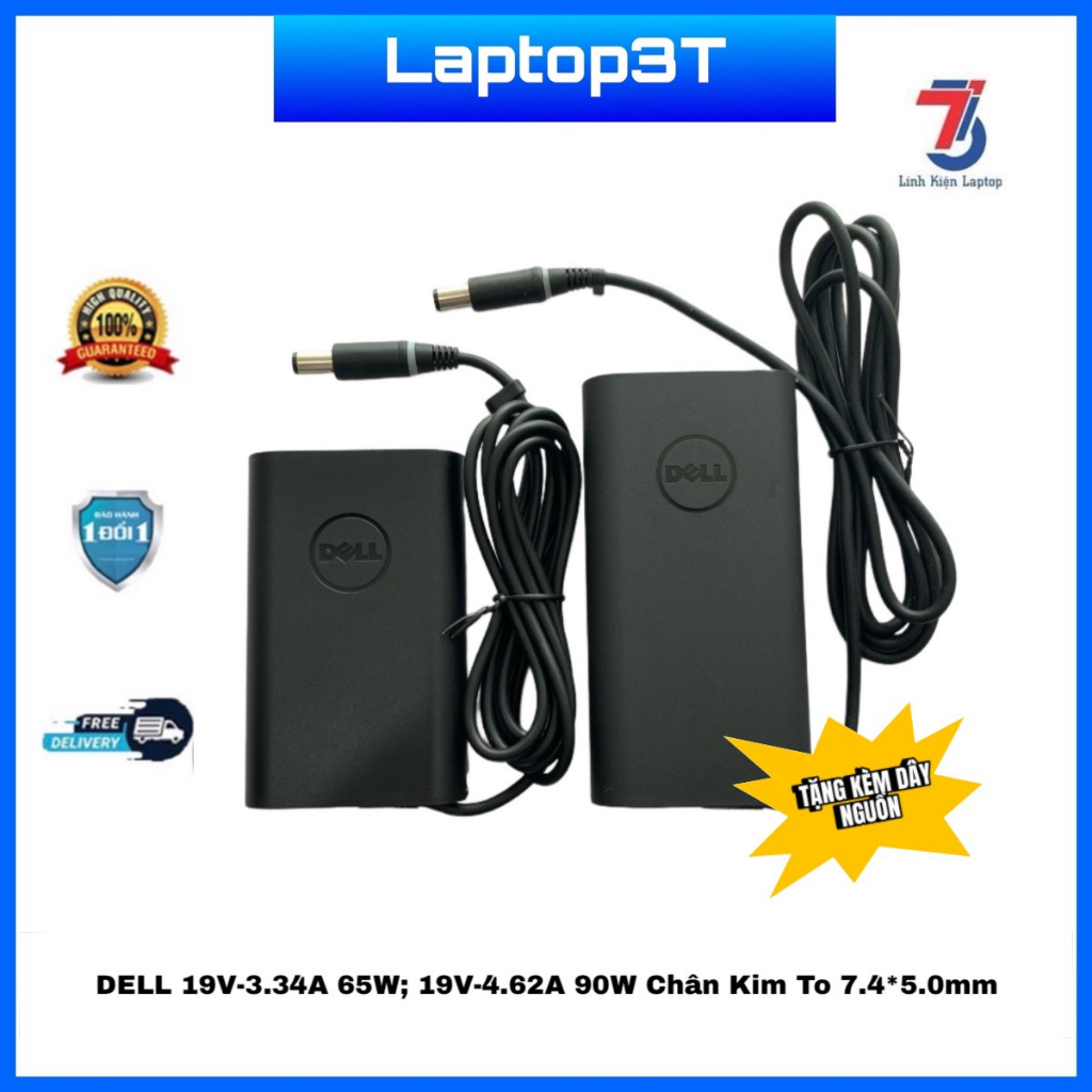 Sạc Máy Tính Laptop3T DELL Oval 19V-3.34A 65W; 19V-4.62A 90W Chân Kim To 7.4*5.0MM Loại Tốt Chính Hãng 2023
